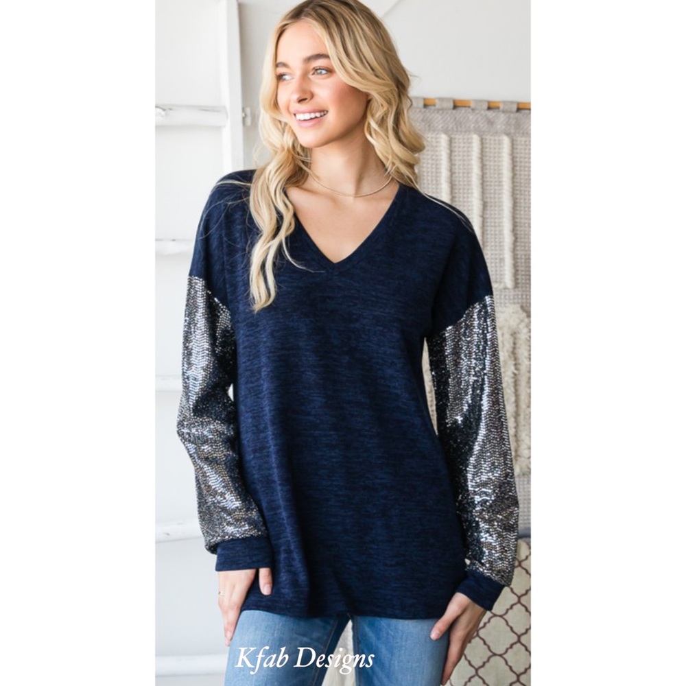 ❤️LAST! V Neck Midnight Blue Super Soft Sequin Sleeve Top! - Picture 15 of 16